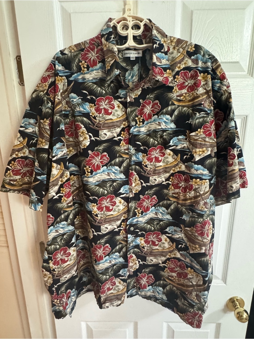 Pierre Cardin Black Hawaiian Cotton Shirt with Red Floral and Blue Accents